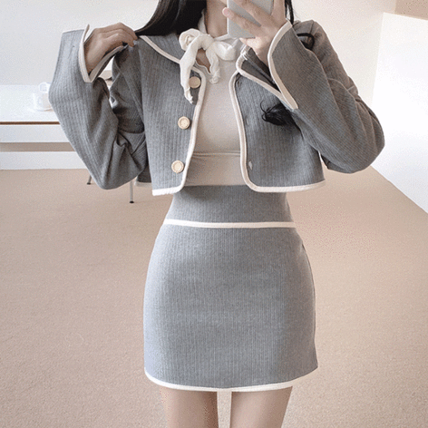 j_blin-은쥬 니트 배색 투피스(자켓+스커트 별도구매)♡韓國女裝套裝