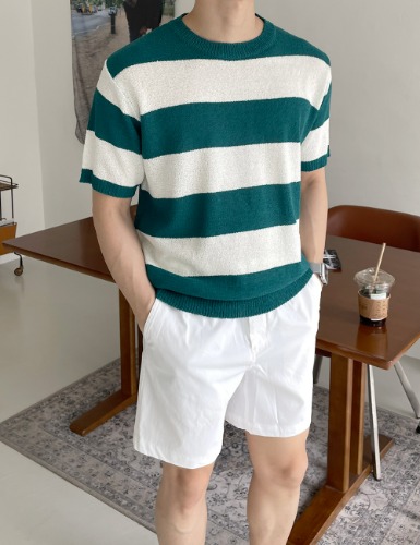 modernsweet-스트라이프 부클 반팔 니트 4color - 모던스윗(modernsweet)♡韓國男裝上衣