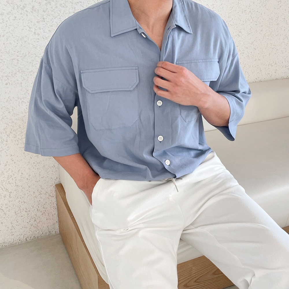 bymono-바이오린넨 포켓 반팔셔츠[XL,2XL,3XL]♡韓國男裝上衣